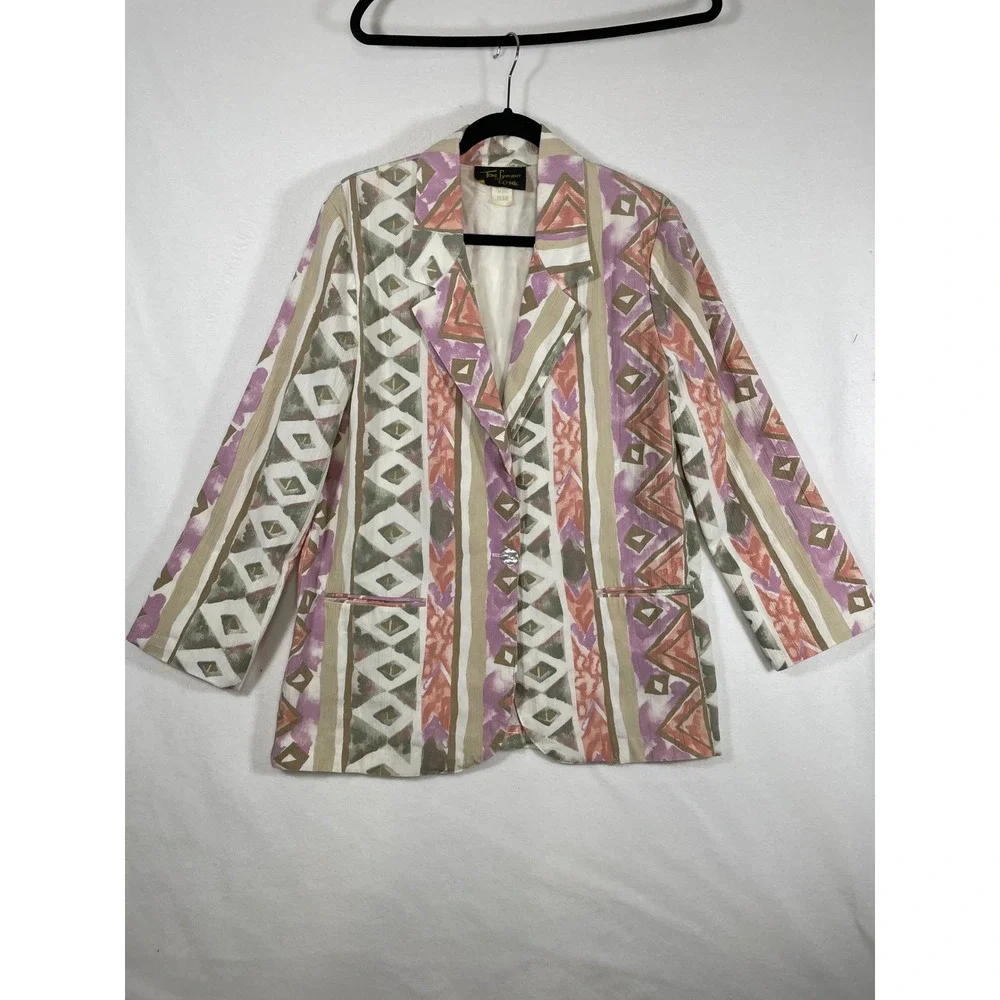 Toni Garment Women Blazer Abstract Print Vintage 80s Shoulder Pads Career Medium